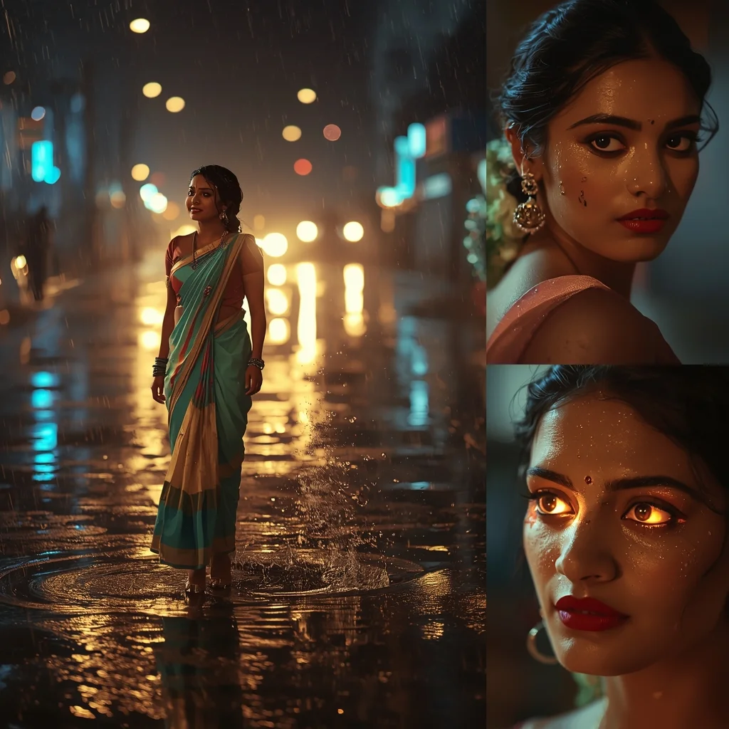 Festive Pastel Saree Rain Reflection Street Cinematic Editorial Scene | Gemini Saree Prompt For Woman - Picture Prompt