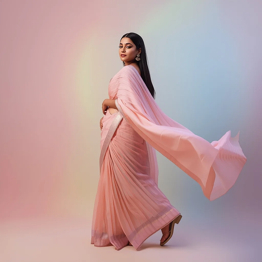Festive Saree Girl Reverse Arc Walk Dupatta Sweep Pose | Saree Profile Pic Ai Prompt - Picture Prompt