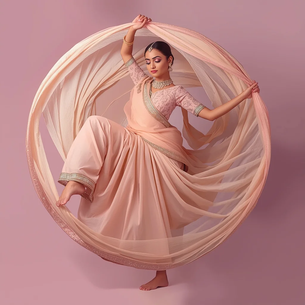 Festive Saree Girl Toe Lift Spiral Arc Dupatta Flow Pose | Gemini Ai Photo Prompt Copy Paste - Picture Prompt