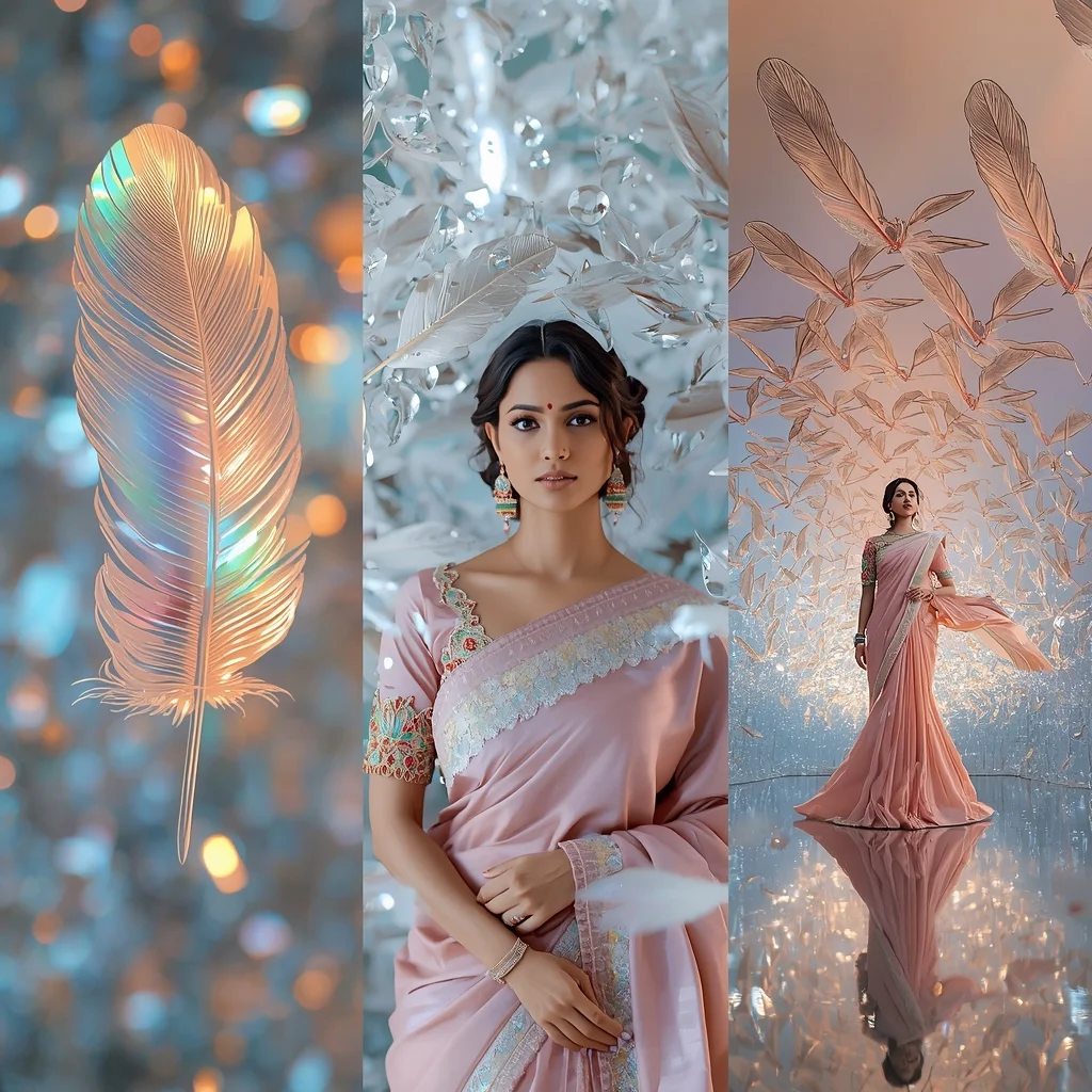 Floating Crystal Feather Ethereal Avian Saree Triptych Collage | Saree Ai Prompt - Picture Prompt