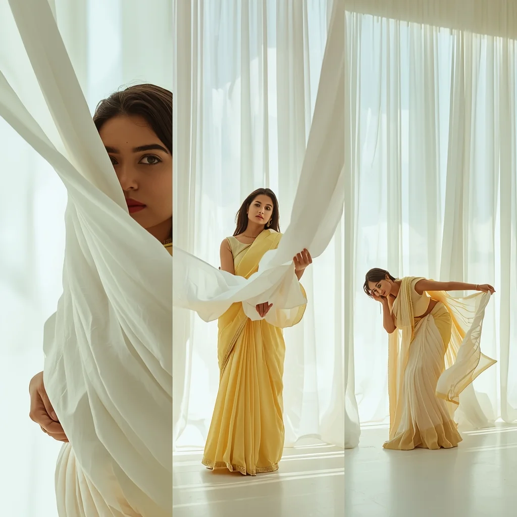 Floating White Silk Fabric Bright Studio Sequential Portrait Layout | Saree Woman Ai Prompt - Picture Prompt