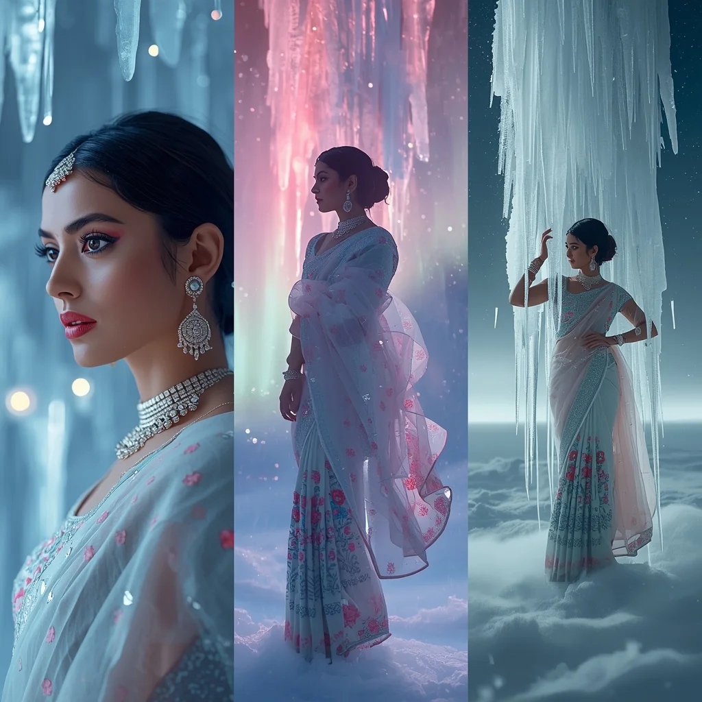 Frozen Aurora Borealis Ice Crystal Saree Premium Triptych | Saree Prompt Text To Image - Picture Prompt