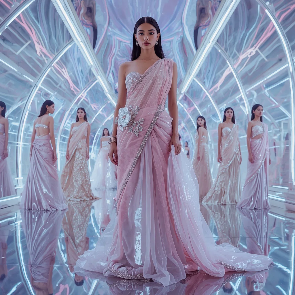 Frozen Rose Prism Saree with Eleven Editorial Poses and Aurora Reflection Arena | Gemini Saree Ai Photo Prompt