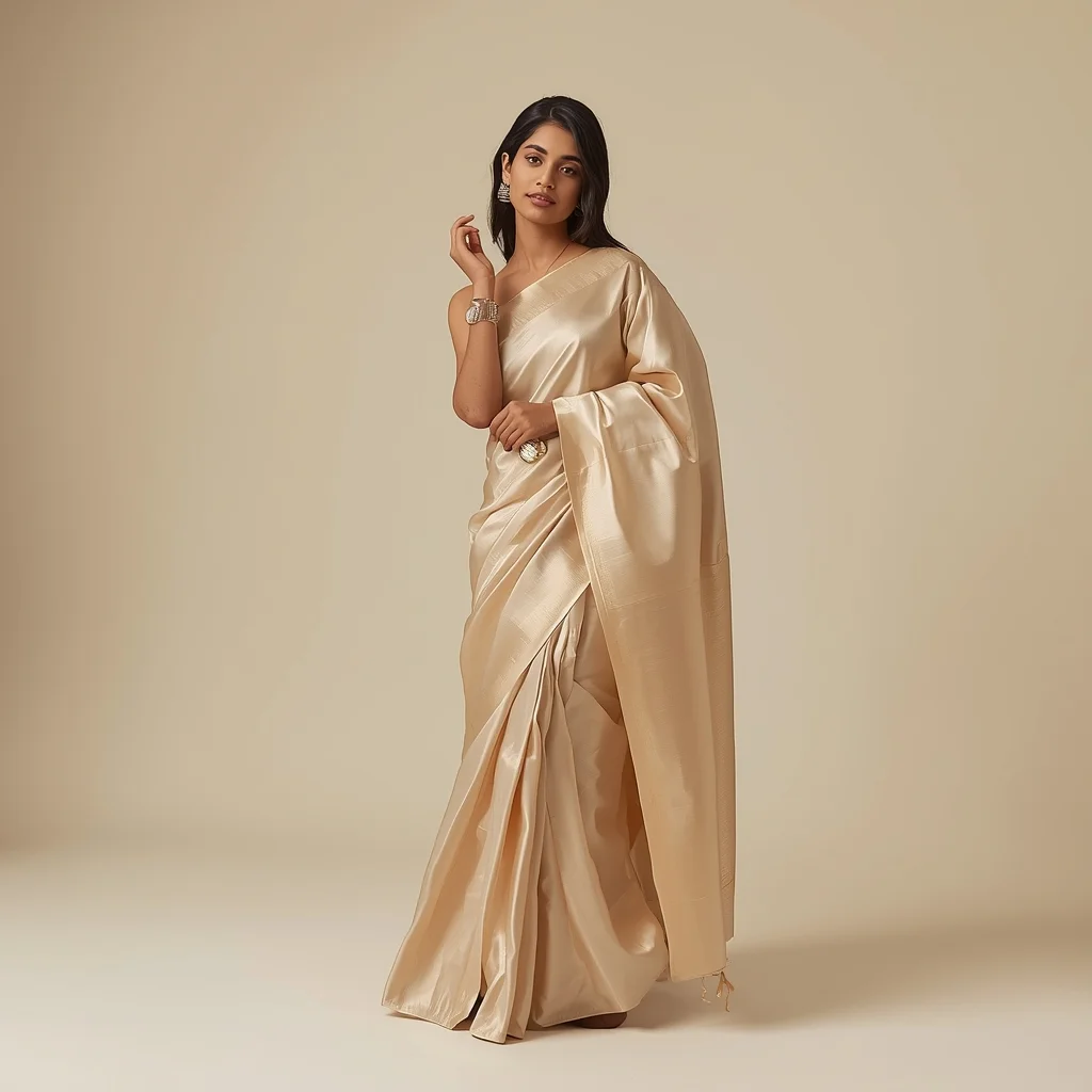 Full Body Champagne Silk Saree Lean Pose with Editorial Minimal Look | Saree Pose Ai Prompt
