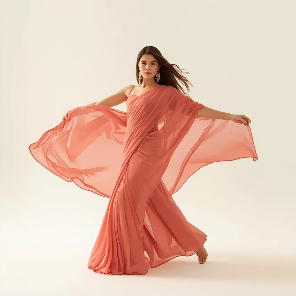 Full Body Coral Pink Georgette Saree Twirl Pose with High Energy | Saree Couple Ai Prompt
