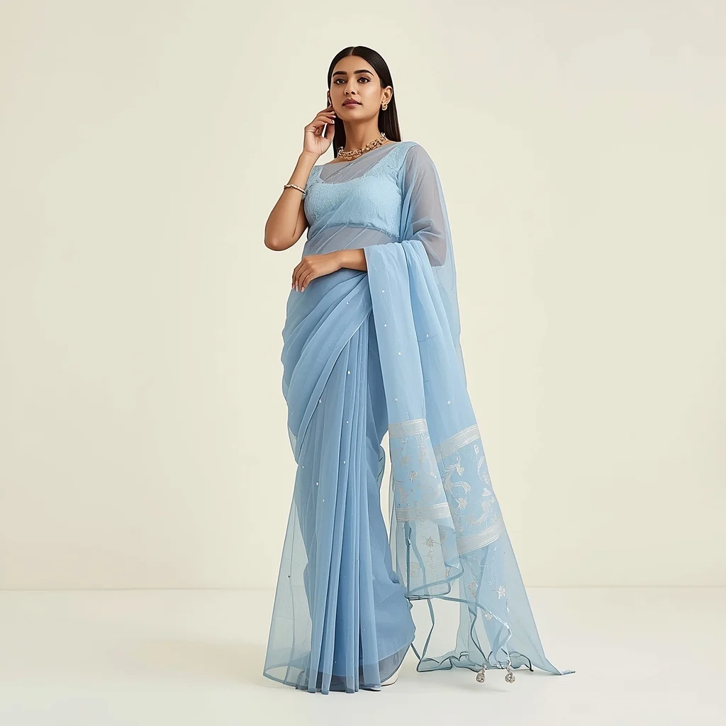 Full Body Ice Blue Organza Saree Studio Pose with Dreamy Brightness | Gemini Saree Prompt For Instagram