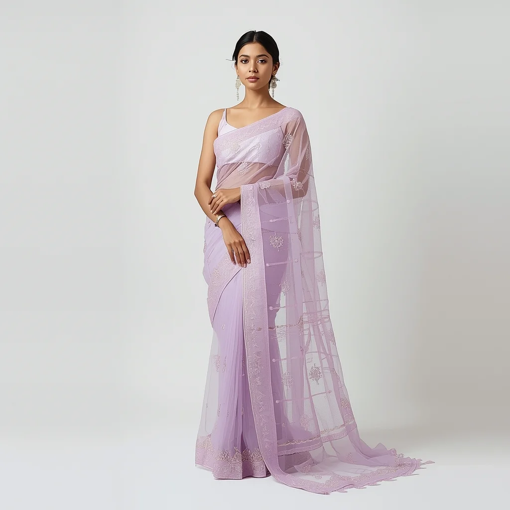 Full Body Lavender Net Saree Studio Pose with Soft Ethereal Glow | Saree Whatsapp Dp Ai Prompt