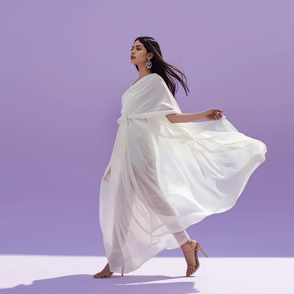 Full Body Pearl White Chiffon Saree Flowing Motion with Elegant Grace | Gemini Saree Prompt