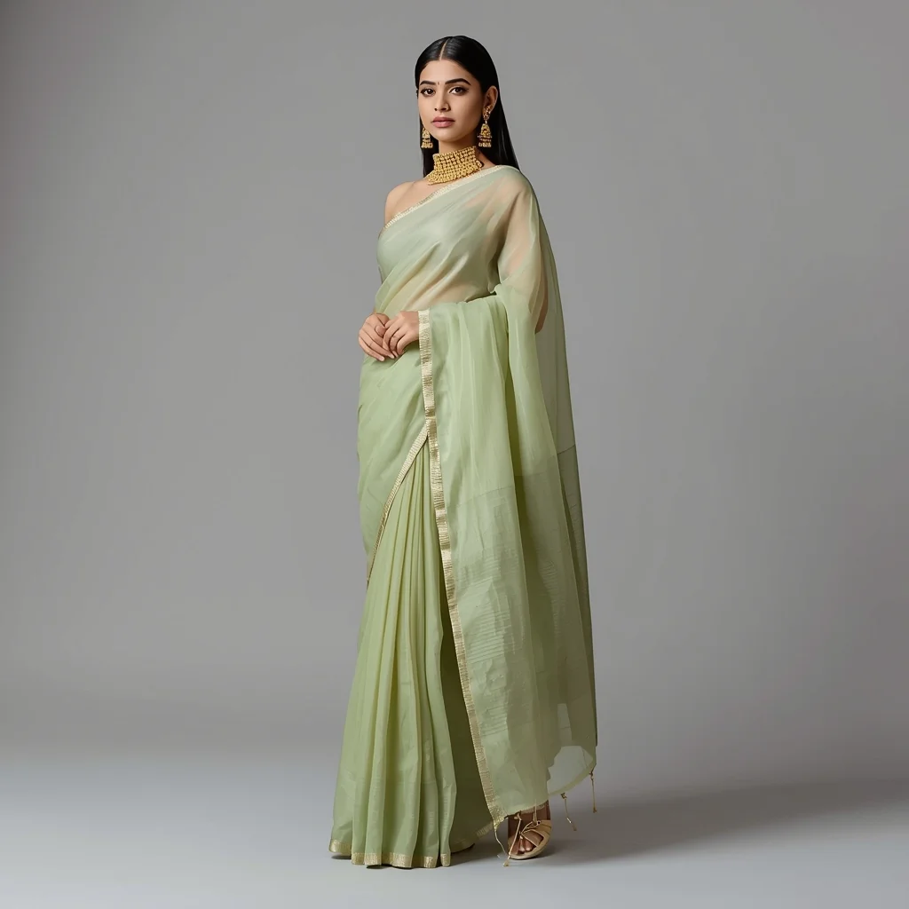 Full Body Pistachio Green Organza Saree Pose with Soft Editorial Grace | Traditional Saree Ai Prompt