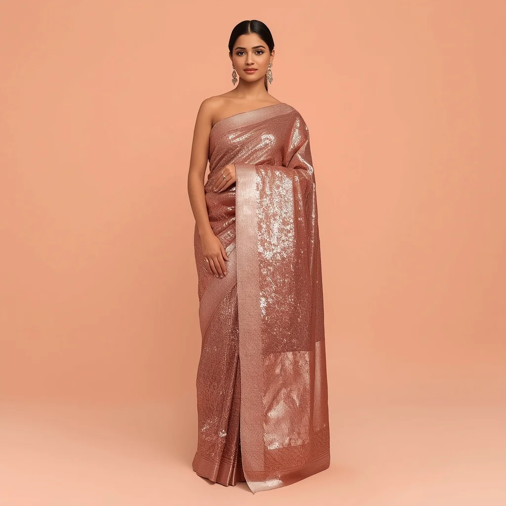 Full Body Rose Gold Sequin Saree Pose with Glamorous Influencer Glow | Gemini Saree Prompt