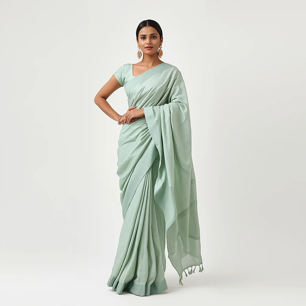 Full Body Soft Mint Green Ruffle Saree Studio Pose with Luminous Aesthetic | Gemini Saree Prompt For Girl