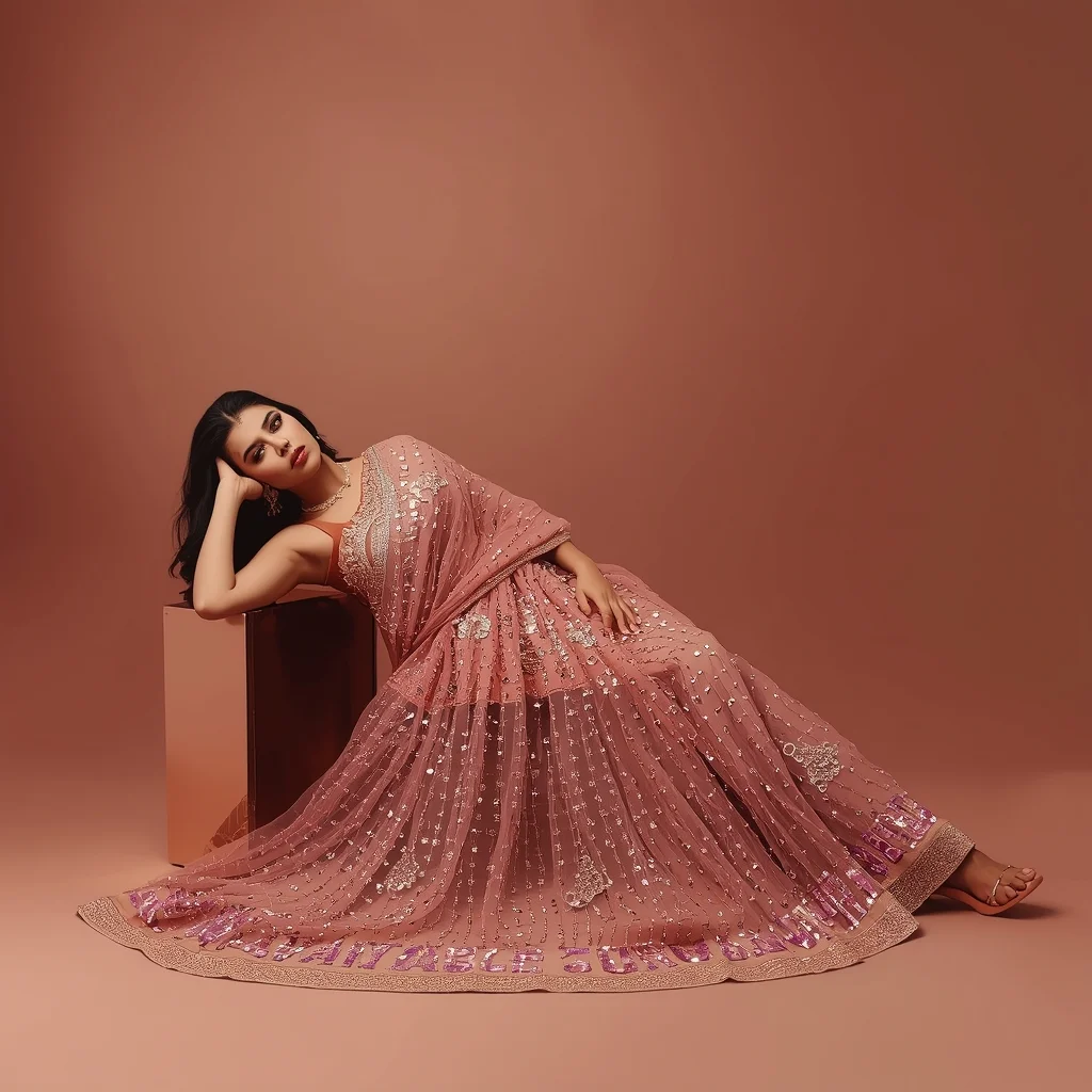 Full Body Warm Rose Gold Studio Resting Pose with Chandelier Crystal Alignment Saree | Saree Instagram Ai Prompt