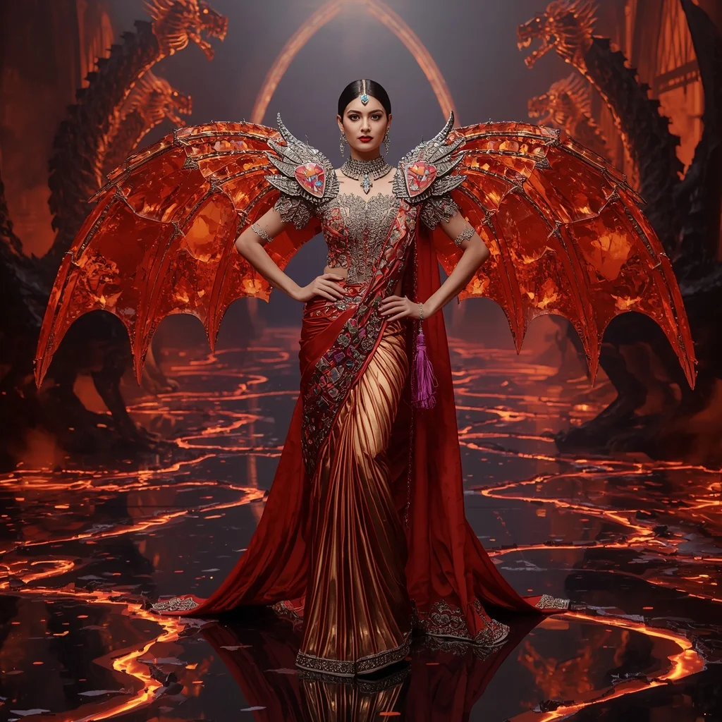 Giant Crystal Dragon Empress Saree with Infernal Sky Palace | Instagram Story Ai Prompt - Picture Prompt