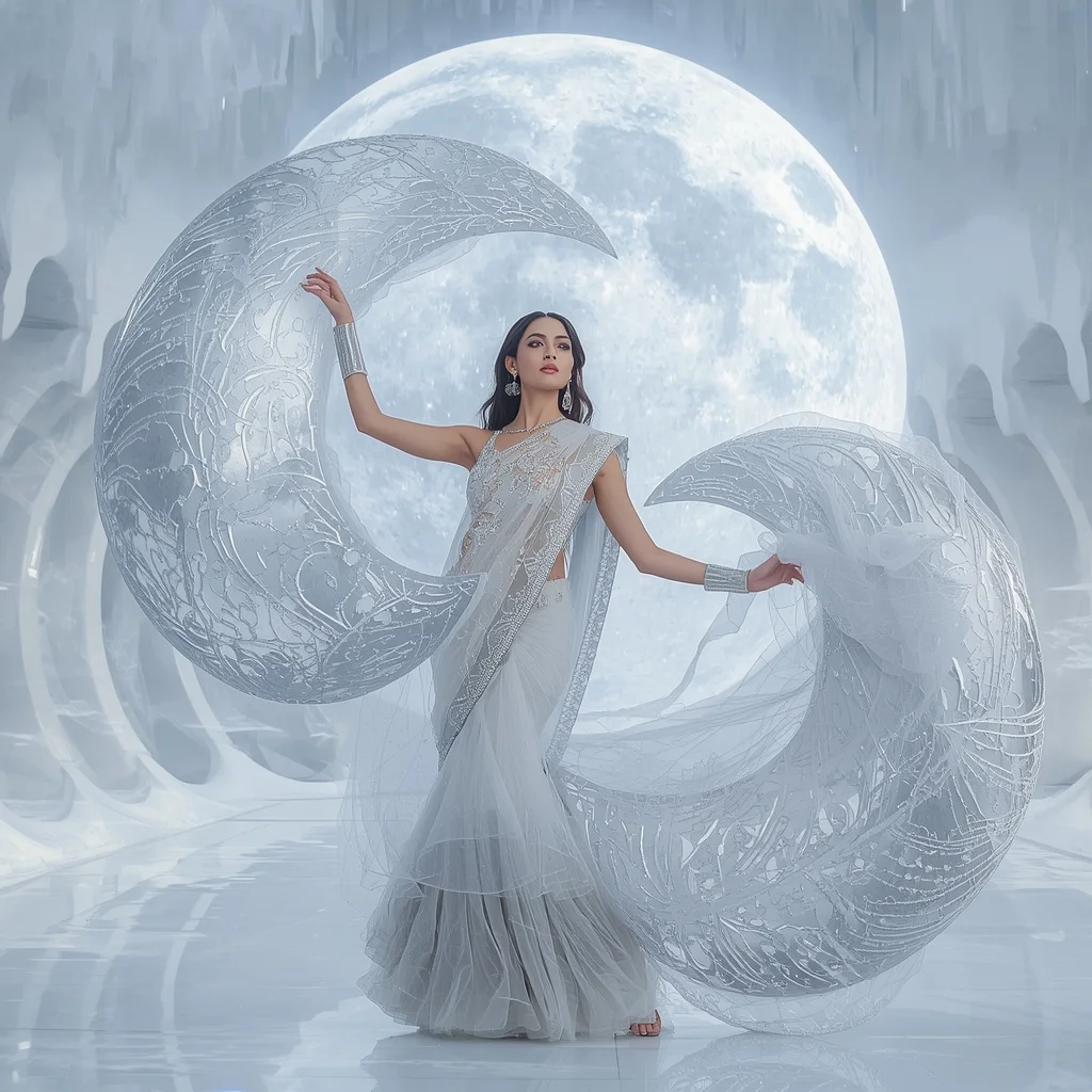 Giant Frozen Moon Saree with White Infinity Palace | Travel Ai Prompt - Picture Prompt