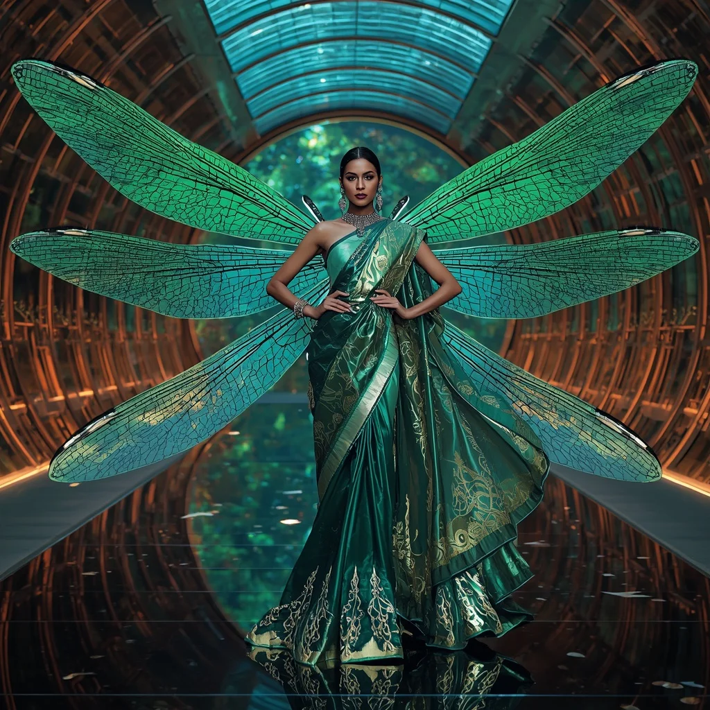 Giant Luxury Neon Dragonfly Saree with Cyber Garden Palace | Modern Drape Saree Ai Prompt - Woman Pose AI Picture Prompt