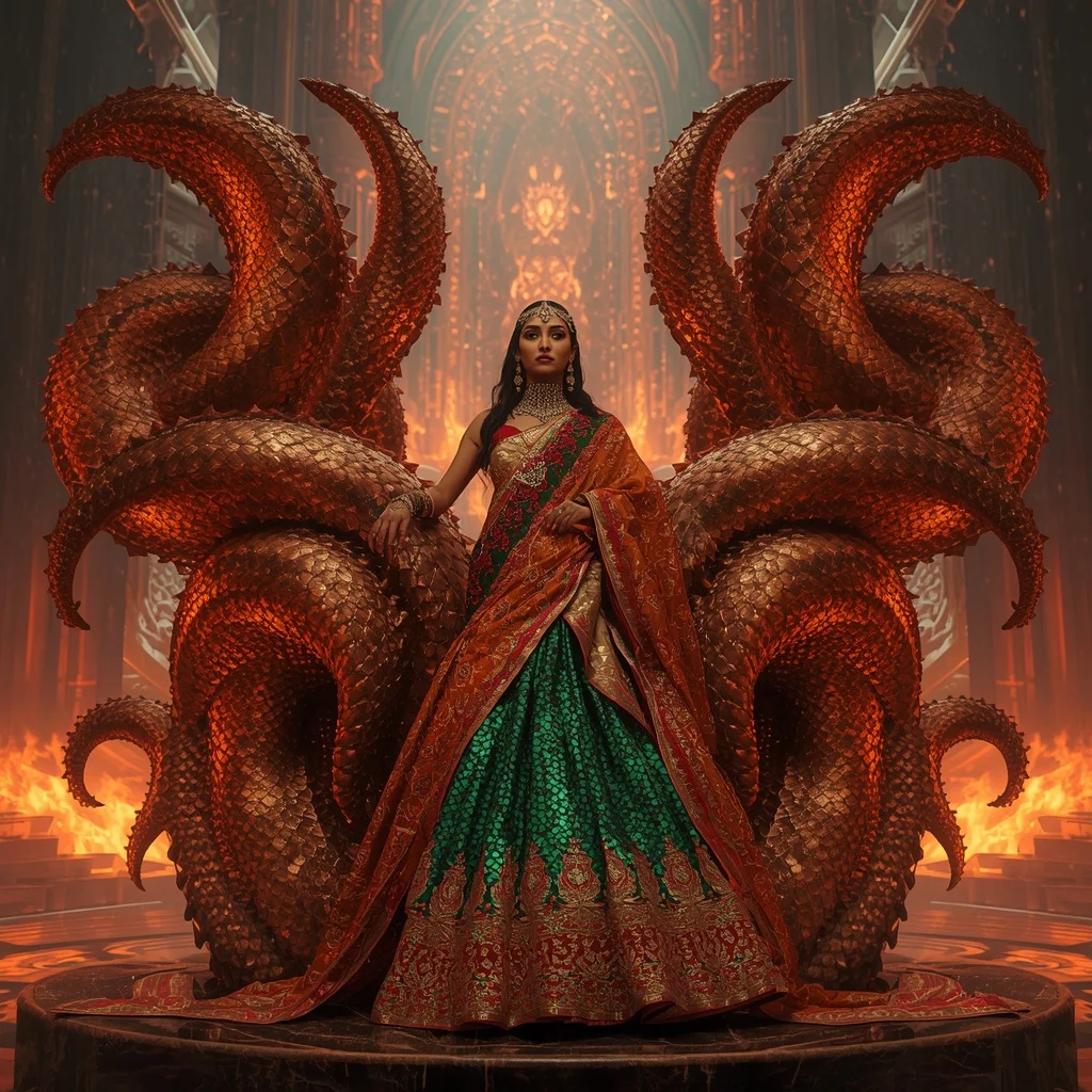 Giant Metallic Dragon Spiral Saree with Floating Cosmic Ember Cathedral | Chatgpt Prompt - Picture Prompt