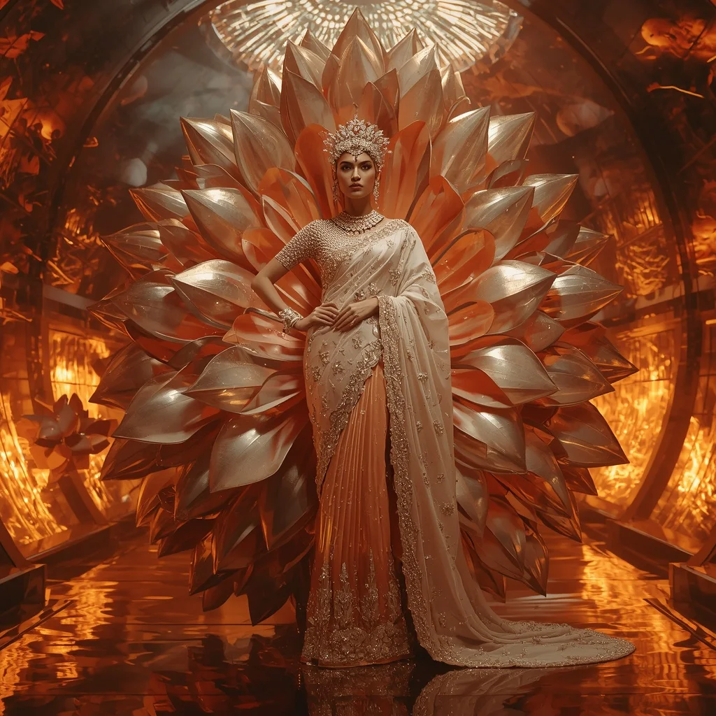 Giant Metallic Lotus Crown Saree with Floating Bloom Fire Universe | Traditional Saree Prompt Pdf - Woman Pose AI Picture Prompt