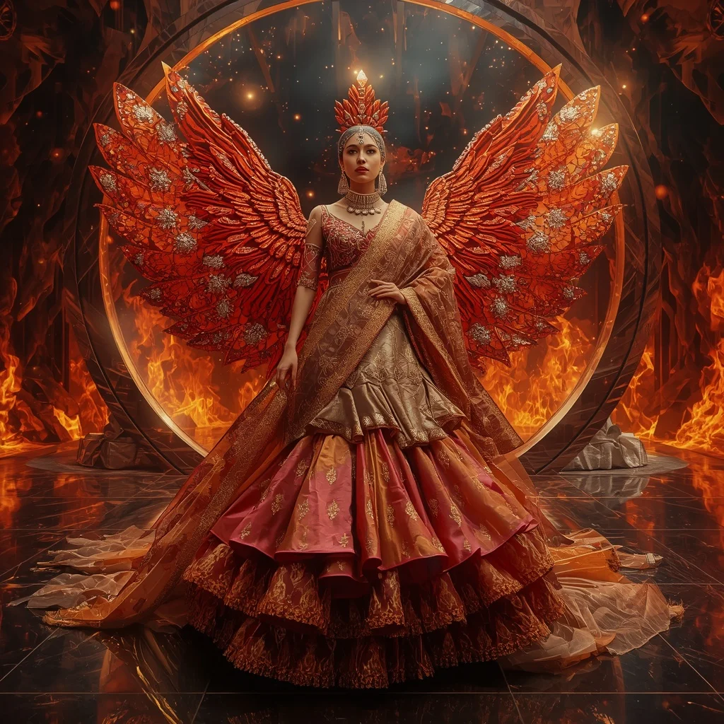 Giant Metallic Phoenix Orbit Saree with Floating Ember Galaxy Temple | Chatgpt Prompt - Picture Prompt