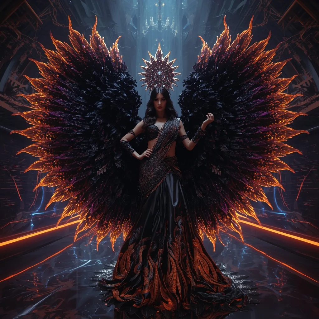 Giant Metallic Raven Flame Saree with Floating Gothic Shadow Universe | Prompt For Gemini Ai Saree Look Couple - Picture Prompt