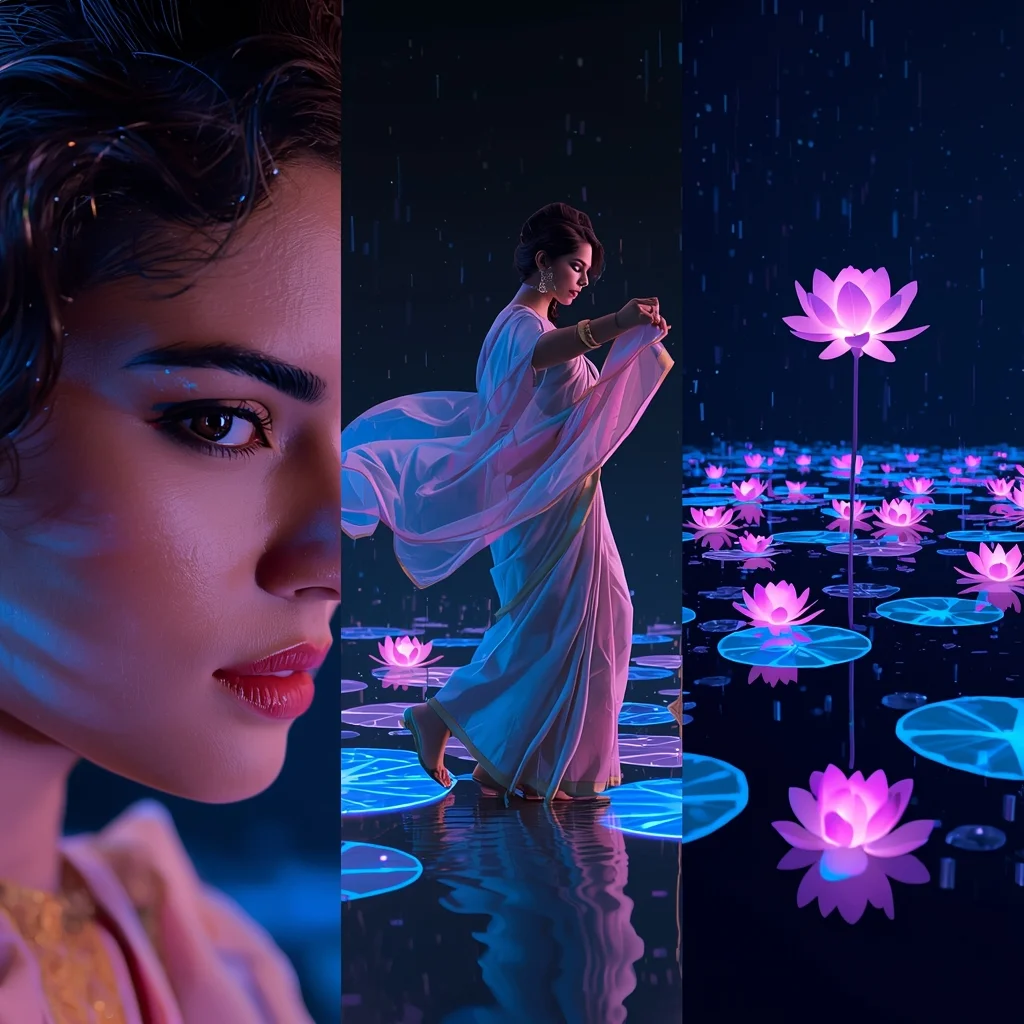 Glowing Holographic Lotus Water Ripple Saree Cinematic Collage | Saree Girl Dp Ai Prompt Ultra Hd - Picture Prompt