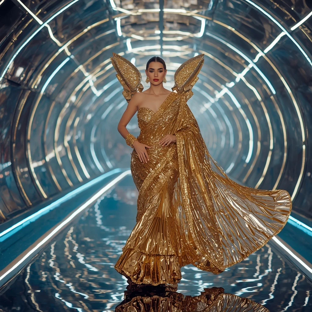Golden Galaxy Prism Saree with Floating Aurora Tunnel | Punjabi Kudi Ai Prompt