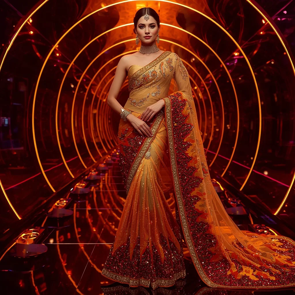 Golden Inferno Designer Saree with Infinity Laser Corridor | Beautiful Woman Ai Prompt