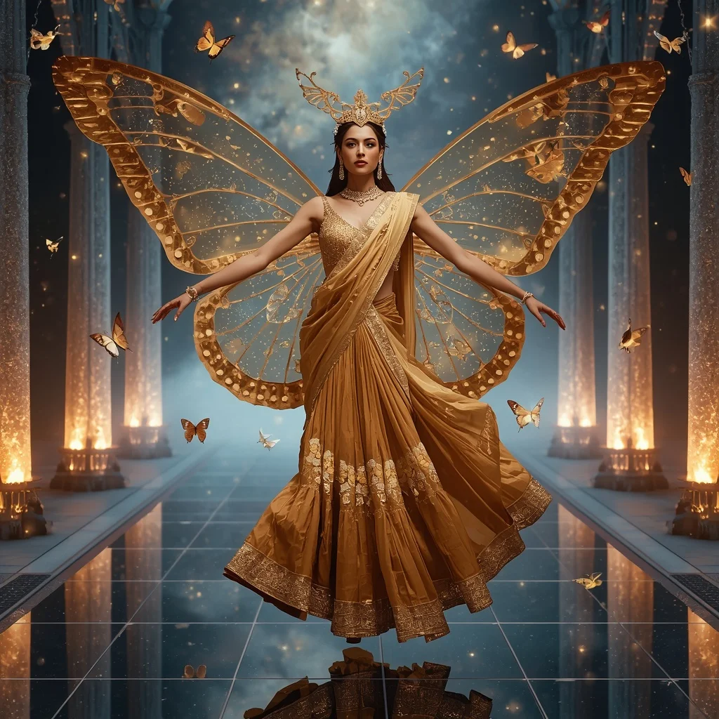 Golden Stardust Butterfly Empire Saree – Luxury Galaxy Couture with Royal Floating Pose and Cosmic Palace | Text To Image Prompt