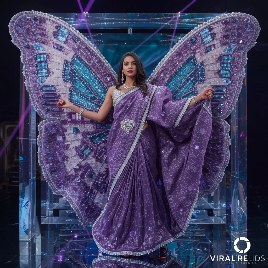 Heavy 3D Amethyst Geode Crystal Butterfly Saree with Holographic Prism Background | Female Model Ai Prompt