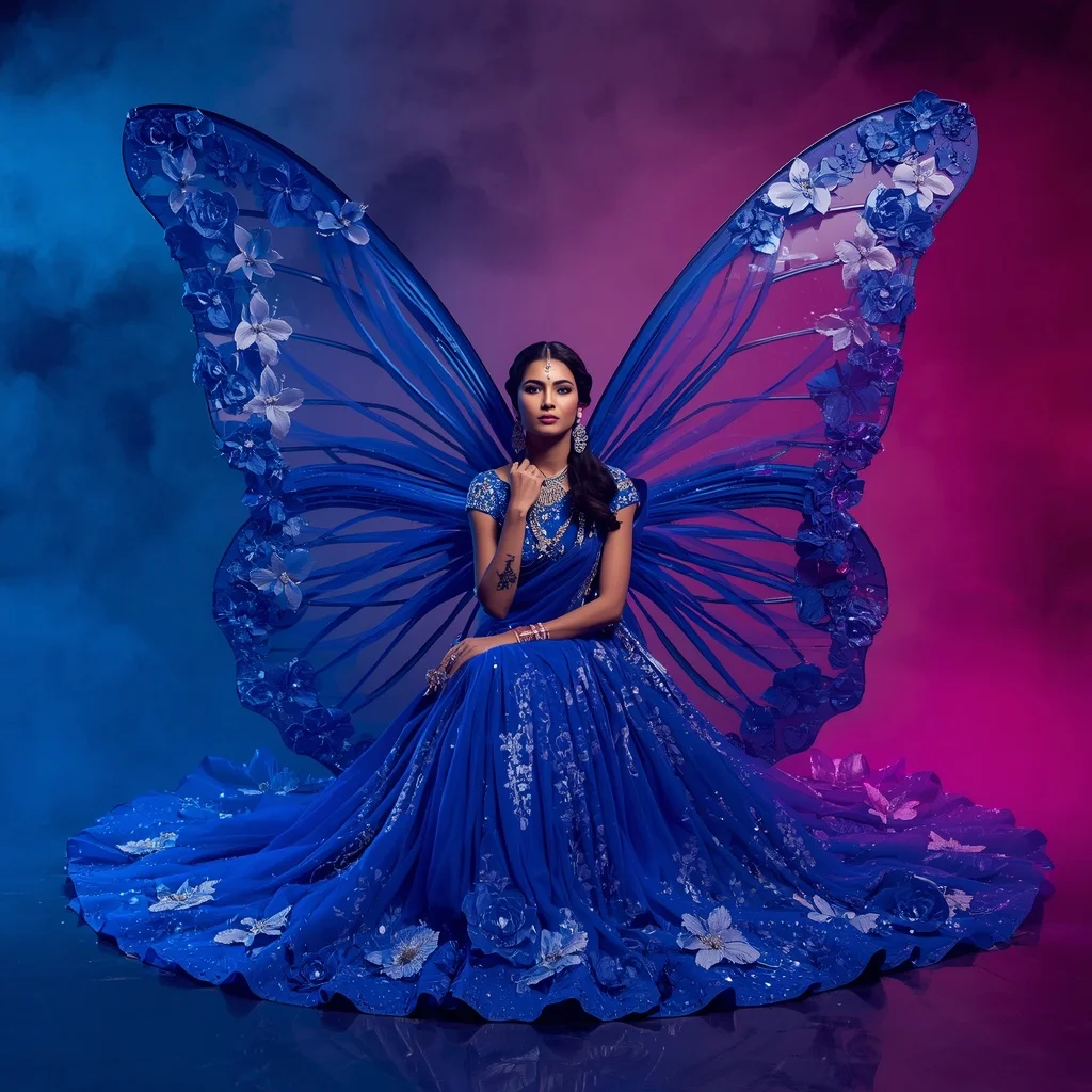Heavy 3D Sapphire Glass Ribbon Butterfly Saree with Neon Dream Mist Background | Chatgpt Prompt