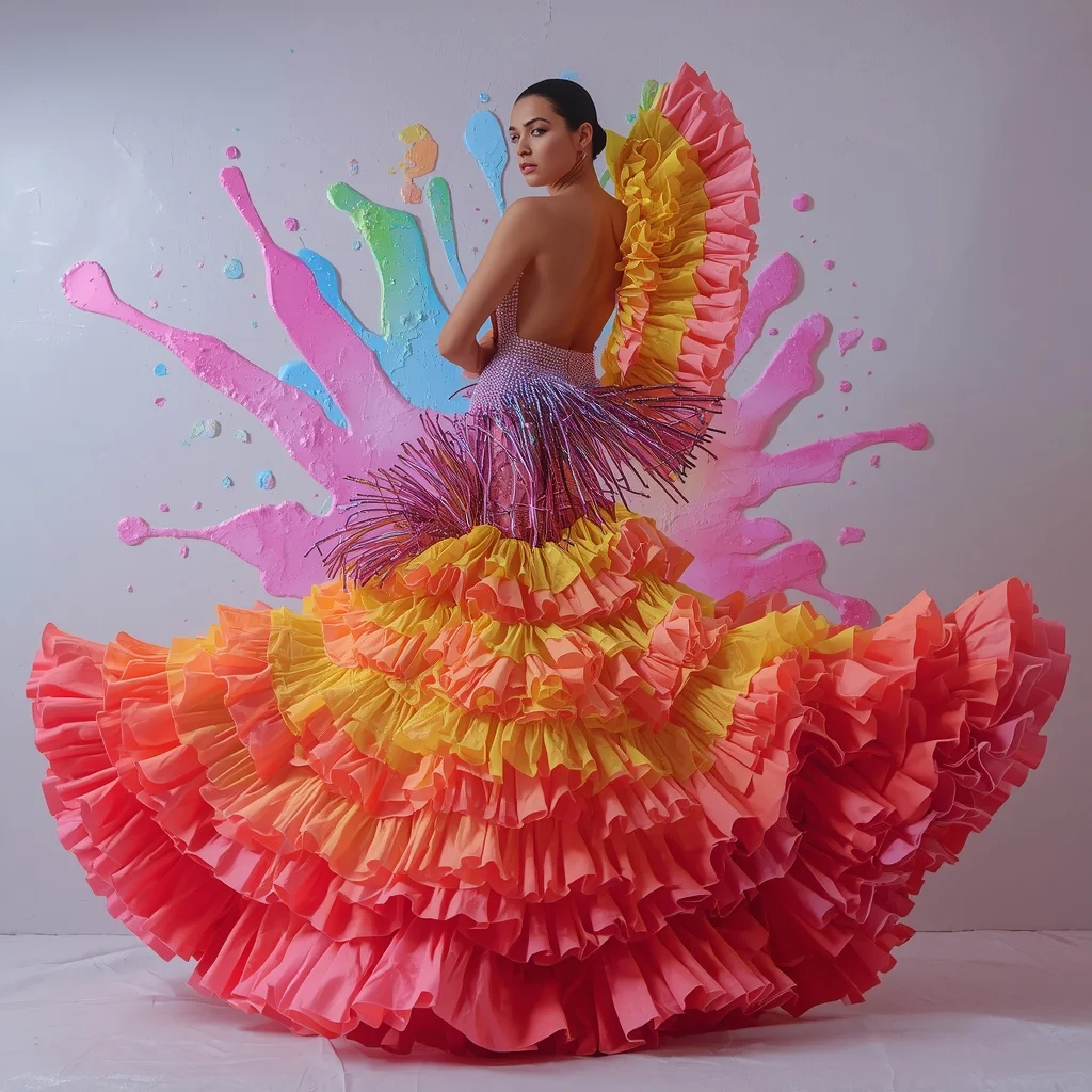 Heavy Sequined Ombre with 3D Sculpted Ruffles: Sunset | The Back-to-Camera Shoulder Snap Pose | Frozen Neon Paint Splashes | Ai Photo Editing Prompt - Woman Pose AI Picture Prompt