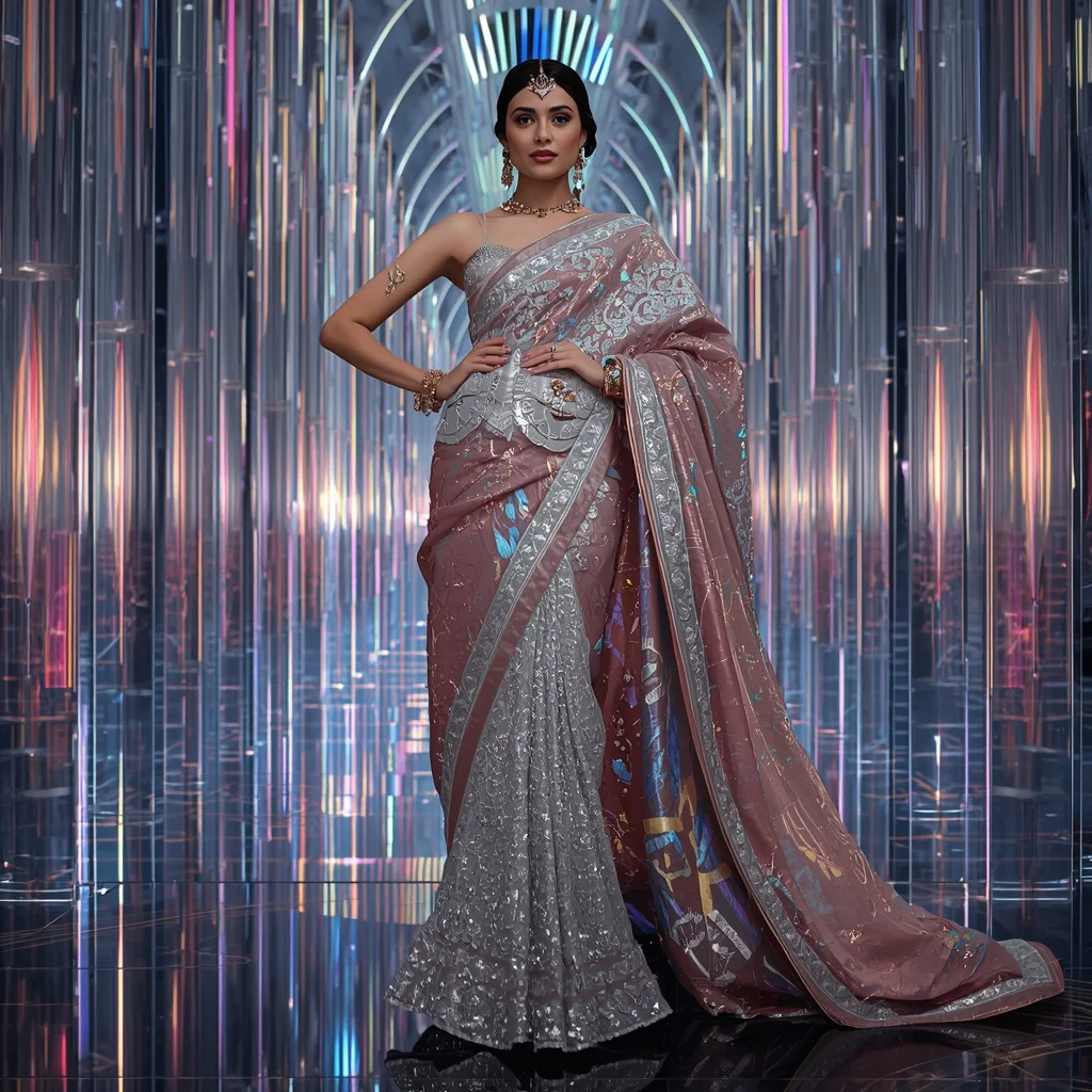 Holographic Diamond Empress Saree with Infinity Prism Orbit Crystal Cathedral | Silk Saree Ai Prompt - Woman Pose AI Picture Prompt