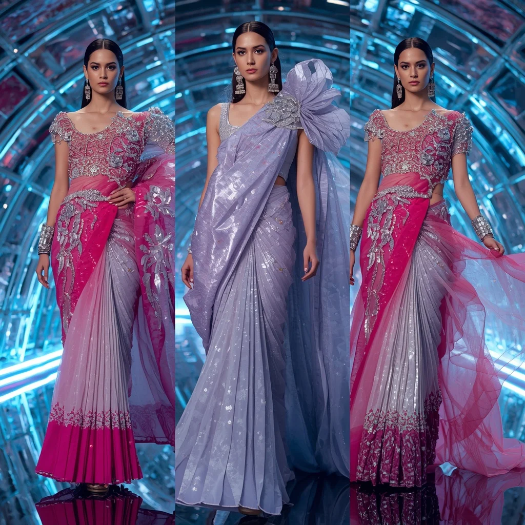 Holographic Lotus Hypernova Saree with Floating Arc Neon Crystal Dome | Profile Picture Ai Prompt