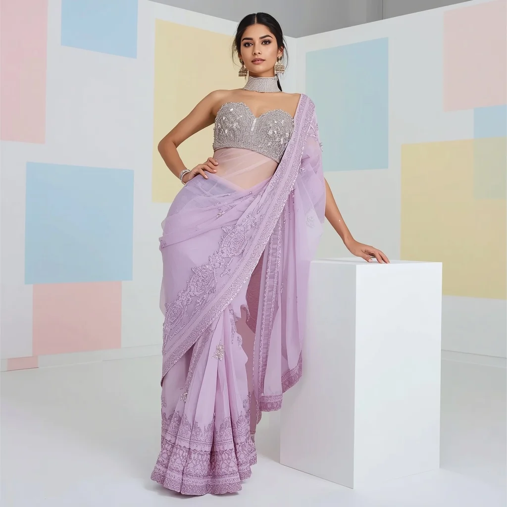 Icy Lavender Heavy Crystal Corset Saree Look | Chatgpt Prompt