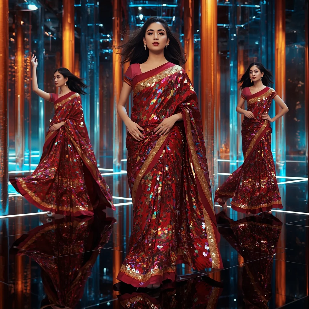 Inferno Crystal Drape Saree with RGB Light Canyon | Instagram Story Ai Prompt - Woman Pose AI Picture Prompt