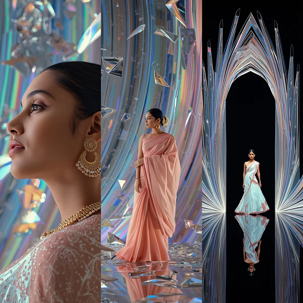 Infinite Shattered Mirror Prism Rainbow Saree Triptych Collage | Modern Saree Ai Prompt - Picture Prompt