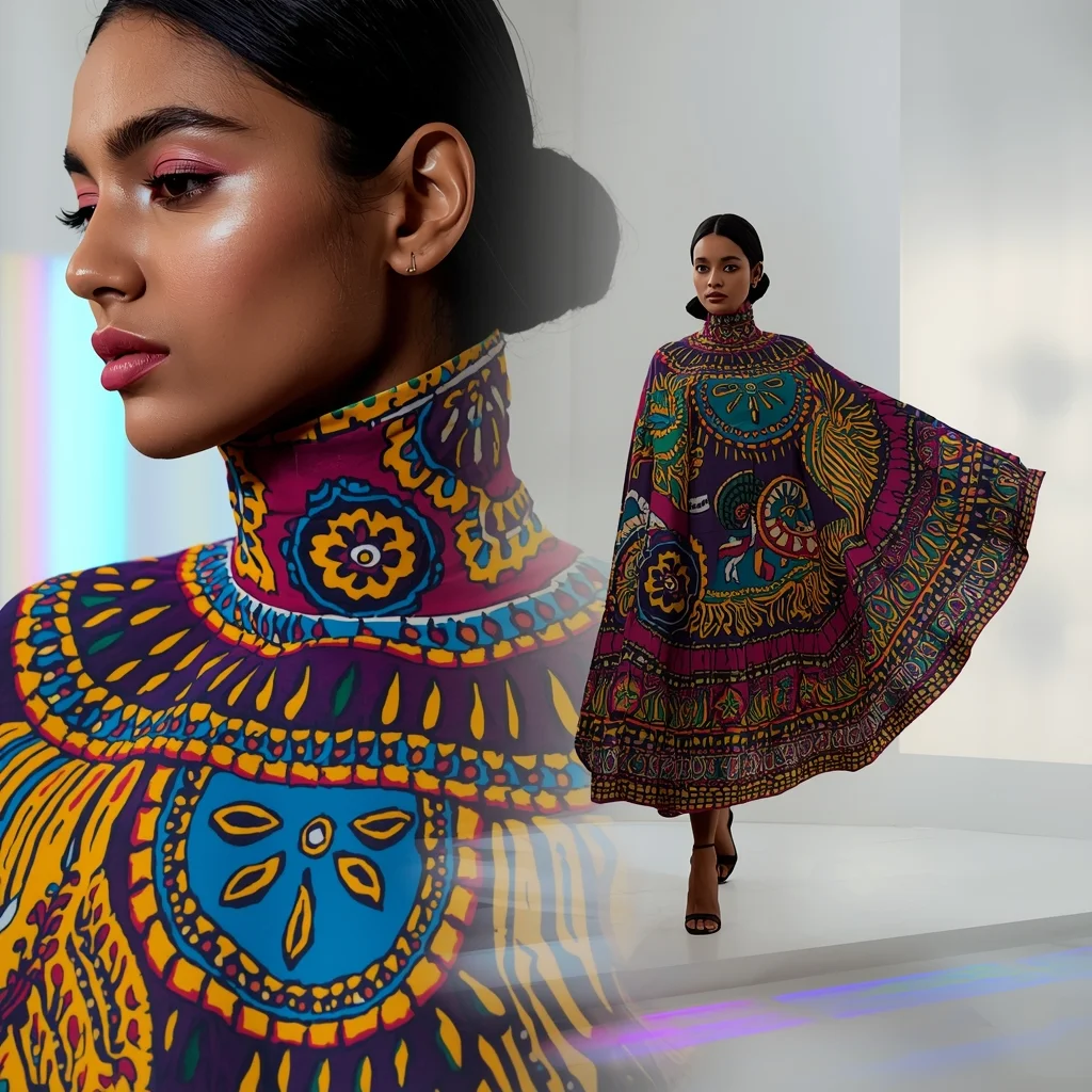 Kalamkari Print Flowing Cape Dress High Fashion Collage | Viral Instagram Ai Prompt - Picture Prompt