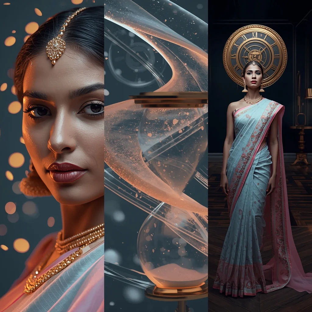 Kinetic Steampunk Brass Hourglass Sand Saree Premium Collage | Saree Instagram Ai Prompt - Picture Prompt