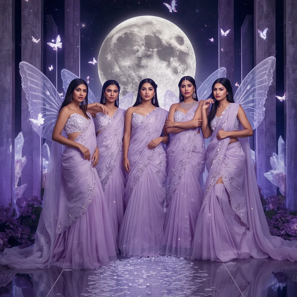 Lavender Aurora Butterfly Saree Couture Angels with Moon Crystal Temple Background | Female Model Ai Prompt