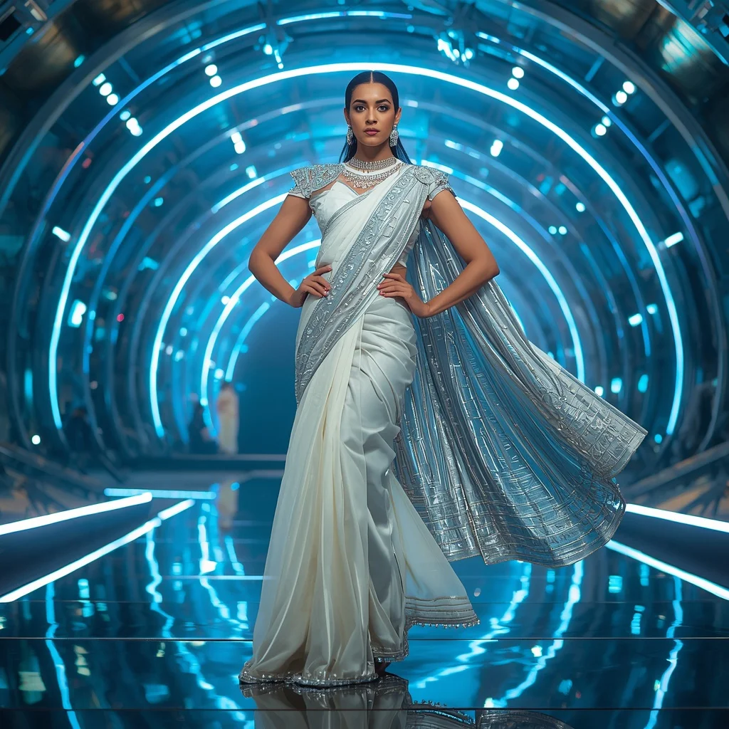 Liquid Pearl Thunder Saree with Floating Digital Infinity Prism Observatory | Prompt For Gemini Ai Girl Indian Style - Woman Pose AI Picture Prompt
