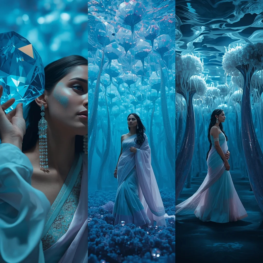 Liquid Sapphire Deep Ocean Caustics Saree Triptych Look | Gemini Ai Saree Prompt - Picture Prompt