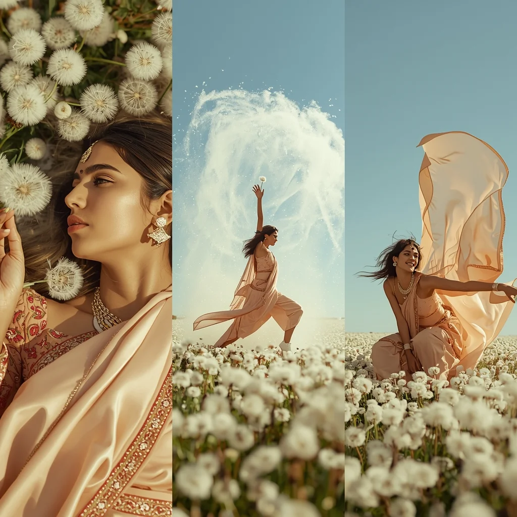 Luminous White Dandelion Field Sunlit Saree Sequential Portrait Design | Saree Prompt For Instagram - Picture Prompt