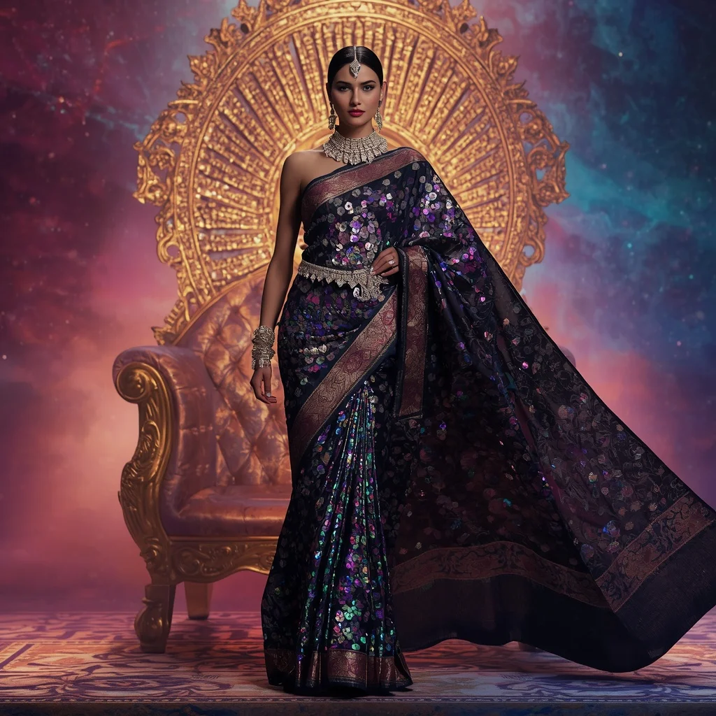 Midnight Aurora Divinique Saree with Prism Throne Mythverse and Chromatic Bloom Heavenlight | Trending Prompt - Picture Prompt