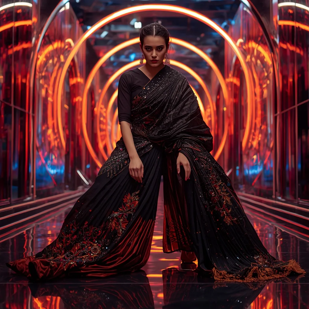 Midnight Inferno Mirage Saree with RGB Orbit Temple | Saree Prompt For Gemini Ai