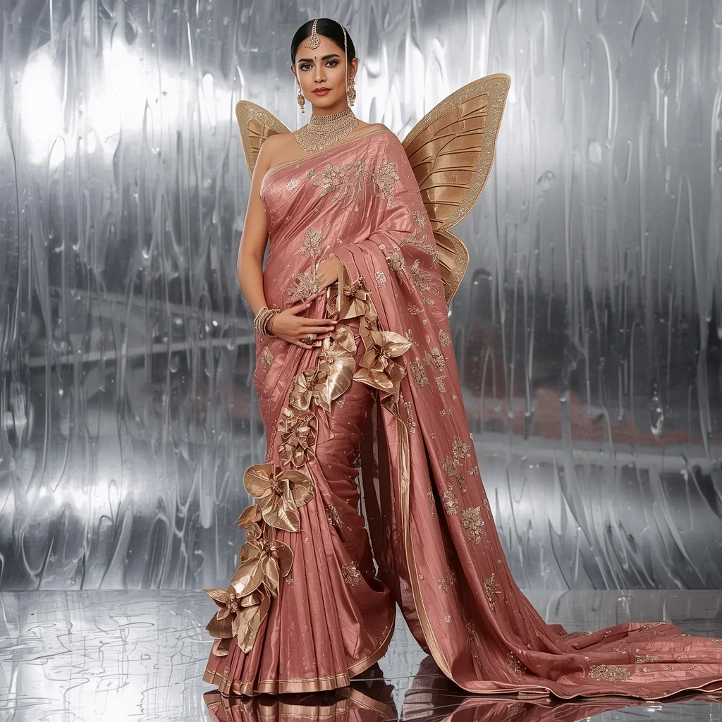 Molten Rose Gold & 3D Metallic Peony Butterfly Saree with Liquid Silver Horizon Background | Gemini Photo Prompt