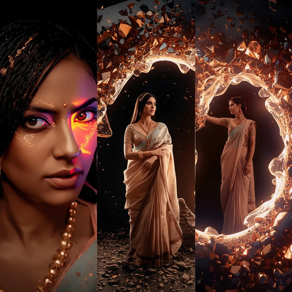 Molten Rose Gold Obsidian Shard Saree Cinematic Collage | Prompt For Gemini Saree - Picture Prompt