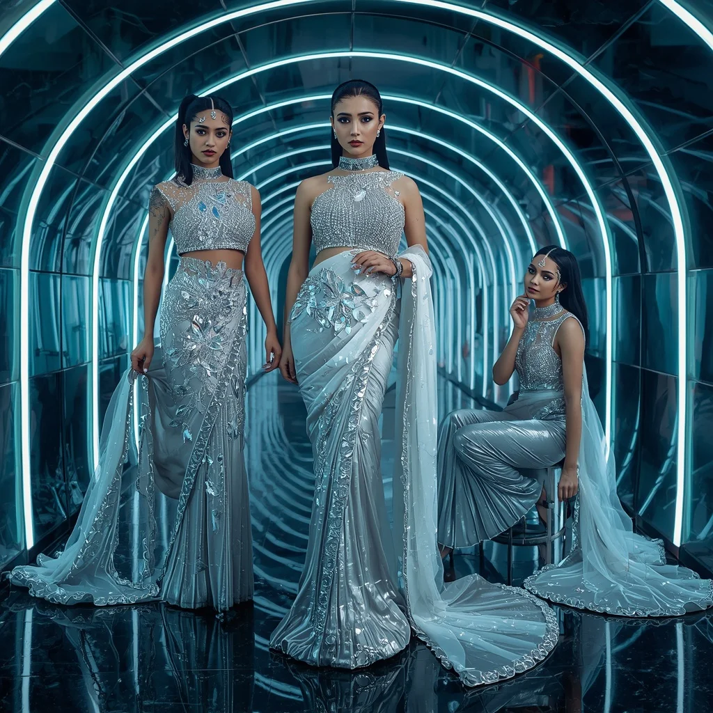 Moon Crystal Festival Saree with Neon Reflection Hall | Fitness Model Ai Prompt