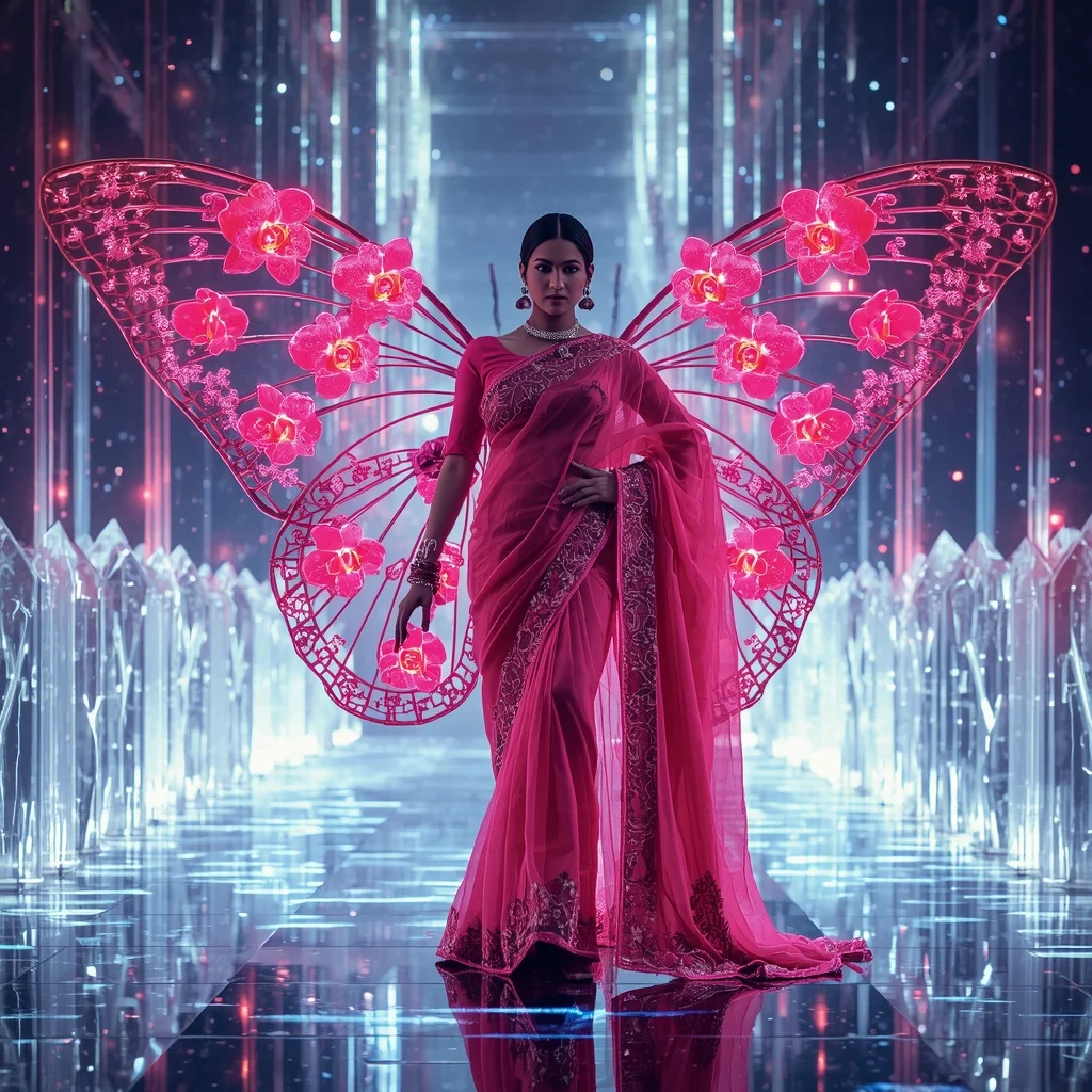Neon Cyber-Orchid Fiber Optic Butterfly Saree with Light Crystal Flow Background | Instagram Story Ai Prompt