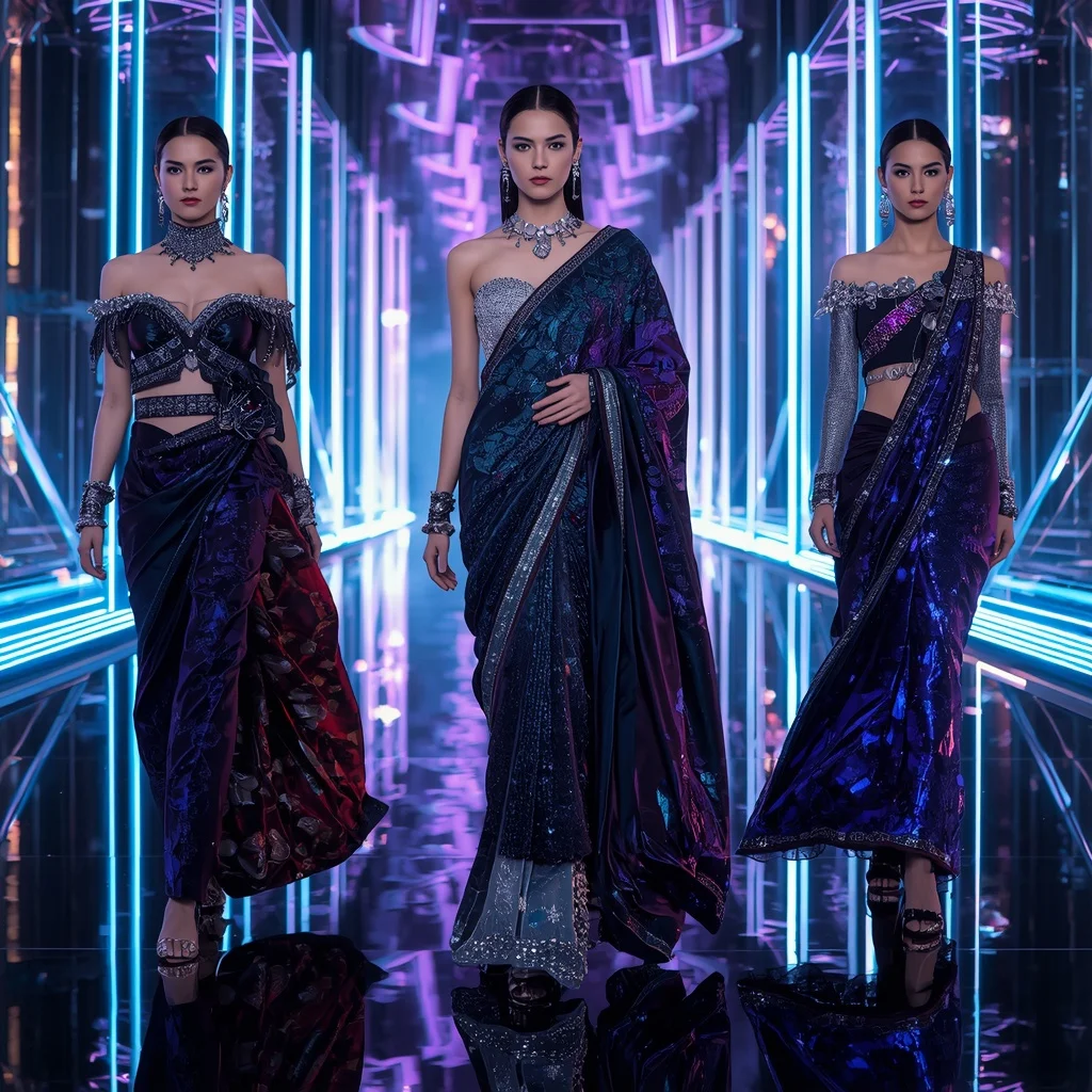 Obsidian Galaxy Mirage Saree with Floating Holographic Infinity Citadel | Ai Prompt