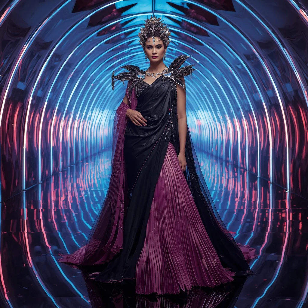 Obsidian Lotus Empress Saree with Infinity Aurora Reflection Cathedral | Gemini Traditional Saree Prompt In English - Woman Pose AI Picture Prompt