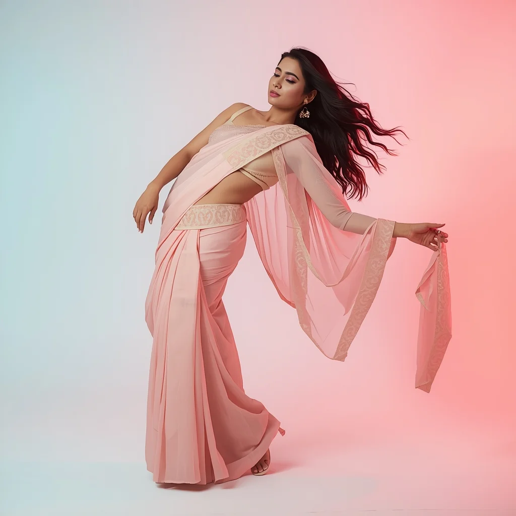 Pastel Festive Girl Forward Fold Twist Dupatta Ribbon Pose | Saree Prompt For Women - Picture Prompt